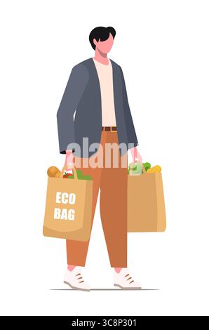 Male carrying reusable kraft paper grocery bags filled with fresh produce and market goods. Illustration isolated on white background. Vector Stock Photo