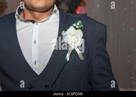 A man in a formal suit with a white flower boutonniere. The background is softly blurred, suggesting a festive or celebratory atmosphere Stock Photo