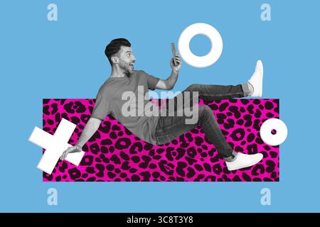 Trend poster collage of person use gadget sit on blue background with 3d elements Stock Photo