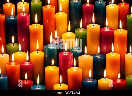 Close-up of multicolored burning candles, bright background Stock Photo