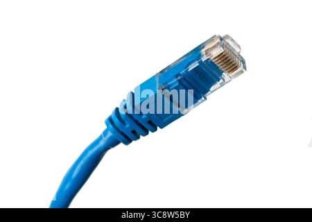 Blue twisted pair patch cord on white background isolated. Stock Photo