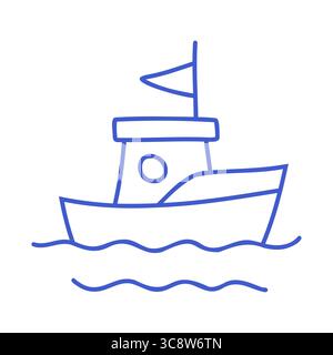 Boat with flag on sea waves in marine blue line art style. Hand drawn marine icon. Outline vector isolated illustration.  Stock Vector