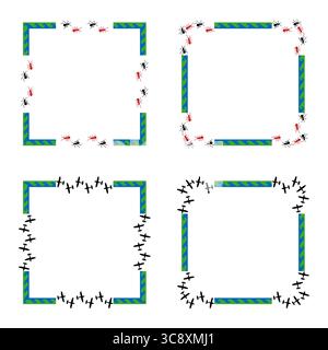 Square vector border. Red floral and flower pattern. Arrow decorative accent. Playful contrast design. Stock Vector