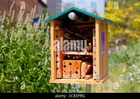 A solitary bee nesting box, or bee hotel,  filled with hollow reeds, tubes, and holes. Stock Photo