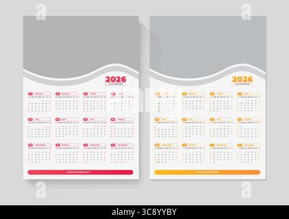 One Page Calendar 2026. Calendar templates 2026 for wall and desk use. Set of ready to print annual layouts. Business minimal modern 2026 calendar. Stock Vector