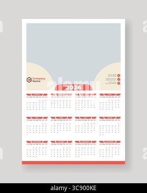 2026 Calendar Template, 2026 wall calendar design abstract template design for Year 2026 Stock Vector