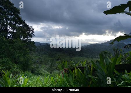 Dark monsoon clouds gather over the emerald valleys of Bali, casting dramatic shadows across the hills and distant ridges. The late afternoon light pi Stock Photo