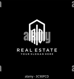 Letter RQ logo for real estate with hexagon icon design vector graphic Stock Vector