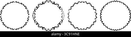 Circle hand drawn wavy frame set. Round black ribbon border collection. Vector doodled lace cadre frames. Radial squiggly border pack for invitation, wedding party, birthday, greeting card design Stock Vector