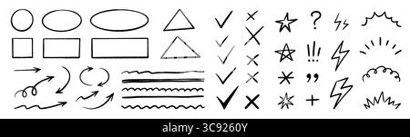 Chalk check mark arrow collection. Blackboard doodle style symbols, sketchy pencil quotes, checkboxes and hand drawn crayon underline. Pencil chalk stroke texture highlight, arrow. Vector illustration Stock Vector