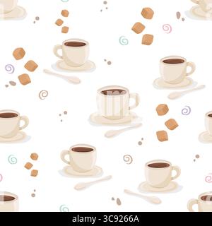 Seamless pattern with coffee cups, spoons and sugar cubes Stock Vector