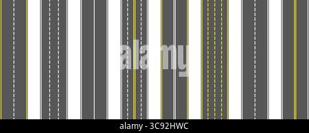 Top view road markings set. Highway lines and race tracks set. Seamless straight street road pack. Town or city pavement asphalt repeated patten. Vertical roadway drive stripes bundle. Vector Stock Vector
