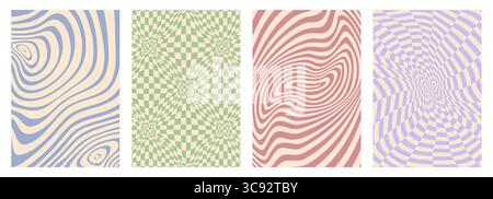 Psychedelic groovy hippie pattern backgrounds, featuring hypnotic distortions and optical illusions in retro colors. Vector set of abstract wavy distorted warped striped and checkered vintage posters Stock Vector