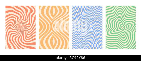 Retro psychedelic groovy swirl pattern backgrounds set. Vector optical illusion featuring wavy, checkered and hypnotic distortion in orange, yellow, blue, and green tones. Vintage abstract posters Stock Vector