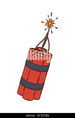Groovy wild west dynamite bundle with burning fuse. Western explosive red sticks tied together with black tape. Cartoon vector retro tnt bomb with comic cowboy vibe. Y2k vintage explosion weapon Stock Vector
