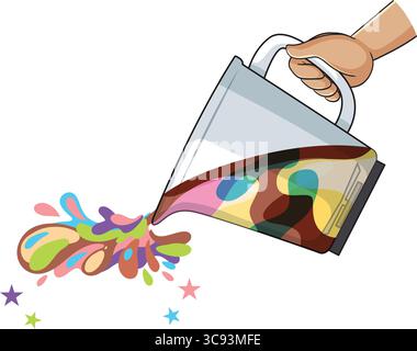 Vector illustration of a hand tilting a clear pitcher, pouring vibrant, multicolored liquid with playful splashes and star accents on white background Stock Vector