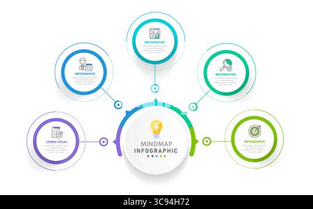 Infographic template for business. 5 Steps Modern Mindmap diagram with circles topics, presentation vector infographic. Stock Vector