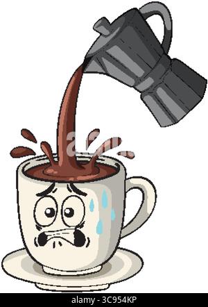 Cartoon coffee cup with expressive face, overflowing with espresso. Bold lines, muted colors, humorous and dynamic composition Stock Vector