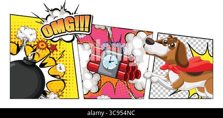 Vector illustration in pop art comic style with a superhero dog, cartoon bombs, dynamic explosions, and vibrant halftone backgrounds in bold colors Stock Vector