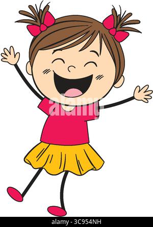 Cheerful vector illustration of a smiling girl with pigtails, wearing a red top and yellow skirt. Simple, vibrant design Stock Vector
