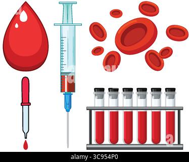 Vector illustration of blood drop, syringe, pipette, red blood cells, and test tubes. Clean, flat style with bold colors and clear outlines Stock Vector