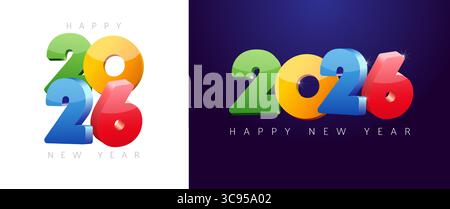 New Year 2026 celebrating web icons. Set of holiday banners. Decorative colorful design. Postcard elements. Square and horizontal graphic concept Stock Vector