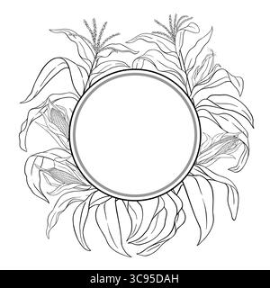 Corn Plant with Cobs Outline Round Frame Stock Vector