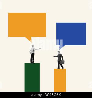 Colorful collage of two businessmen reaching toward each other across tall blocks with speech bubbles Stock Photo