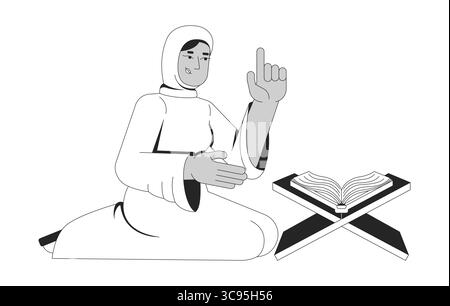 Muslim woman in hijab reciting Quran 2D line character Stock Vector