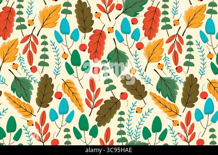 Colorful Cute Autumn Leaves Seamless Pattern with Berries and Branches. Doodle hand-drawn fall foliage in warm and vibrant tones. Whimsical repeatable Stock Vector