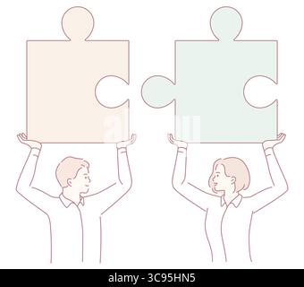 A visual representation of effective teamwork featuring two individuals skillfully holding pieces of a puzzle together Stock Vector
