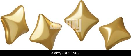 3d stars set - gold four pointed holiday sparkles in different positions Stock Vector