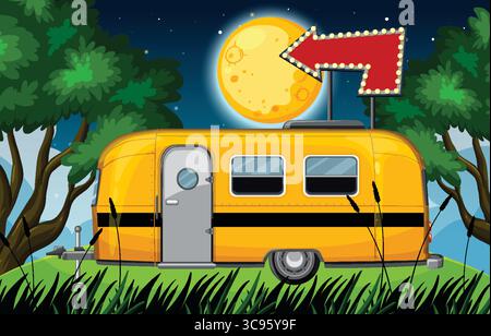 Bright yellow camper trailer parked in grassy clearing, illuminated by moonlight, surrounded by trees, with a large retro arrow sign pointing at the m Stock Vector