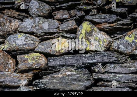 Lakeland slate drystone wall at Coniston, English Lake District. Providing a home for lichen, cyanobacteria. Stock Photo
