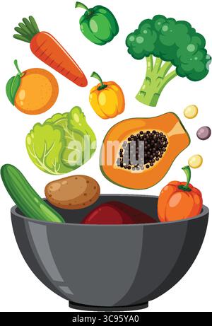 Colorful vector illustration of assorted vegetables and fruits dropping into a dark bowl, with clean lines, flat colors, and white background Stock Vector