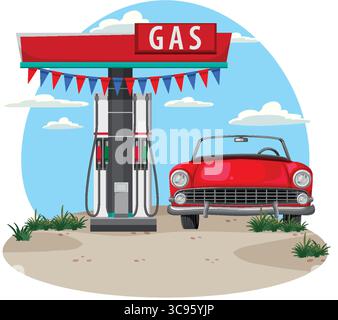 Vector illustration of a retro red convertible parked beside an old-fashioned gas pump, with bright colors and clean, cartoon-style lines Stock Vector