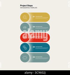 Project Steps Timeline Infographic Template with 5 Vertical Menu Options. Editable eps10 Vector Illustration. Stock Vector