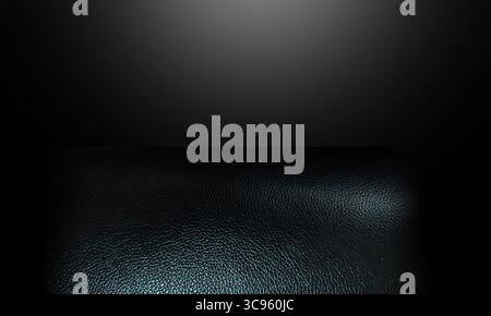 Close-up, low-light shot of a black, textured leather surface.  The background gradient of dark gray to black, with soft spotlight effect from above, Stock Photo