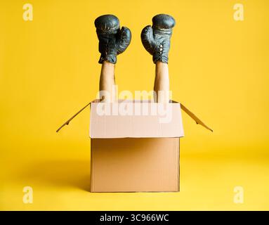 Pair of hands in boxing gloves raised up from open cardboard box on yellow background. Stock Photo