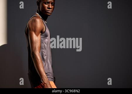 An image of a fit athletic man wearing a sleeveless top. The high-contrast lighting emphasizes his muscular build and disciplined lifestyle. This phot Stock Photo