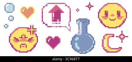 Y2k pixel icons with game elements - bubble orbs, power up arrow, emoticon faces, heart and magic potion flask for retro interfaces. Nostalgic digital assets with sparkles and glowing effects. Stock Vector