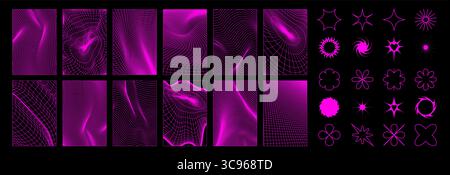 Y2k grid background elements with neon purple wireframe shapes and geometric patterns for retro futuristic design. Digital mesh textures with 3d objects and stars. Cyberpunk aesthetic icons for web. Stock Vector