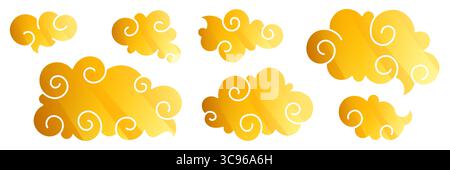 Golden cloud collection with swirling chinese patterns and japan style elements for oriental design - decorative sky shapes with curved lines, gradient yellow forms and eastern mystical atmosphere Stock Vector