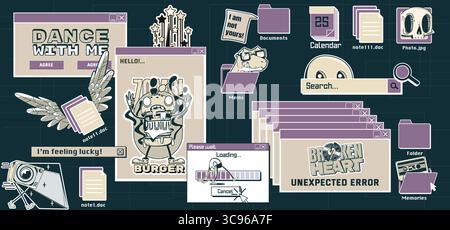 Vintage retro desktop in y2k internet culture with pop up windows, meme folders and nostalgic dialog boxes for creative projects. Document icon with search bars, loading screen and broken heart error Stock Vector