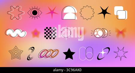 Trendy y2k elements on gradient bg - wavy shapes, eye icon with arch and sparkle stars for retro aesthetics. Checkered patterns with bubbles, chain links and crescent moons for nostalgic designs. Stock Vector