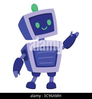 Friendly AI mascot robot with square head and green antenna. Purple android with smiling face, bright green eyes and one arm raised Stock Vector