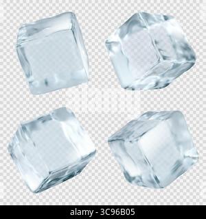 Transparent ice cubes with crystal clear surfaces and realistic frozen texture for beverage industry presentations. Melting blocks in different angles and shapes. Professional cold drink assets. Stock Vector