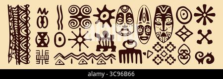 African tribal symbols and doodle patterns with masks, geometric shapes, sun motifs. Traditional ethnic design elements - spirals, waves, abstract figures for cultural art or textile decoration. Stock Vector