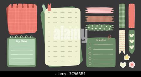 Cute doodle stationery with memo notebooks, decorative tapes and colorful stickers for creative planning. Pink and green notepads with grid patterns, ribbons and hearts. Organization supplies set. Stock Vector