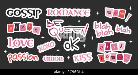 Trendy girly text stickers with y2k aesthetic - pink typography and white outlines for social media. Playful words gossip, romance, queen and love with decorative stars for digital scrapbooking. Stock Vector
